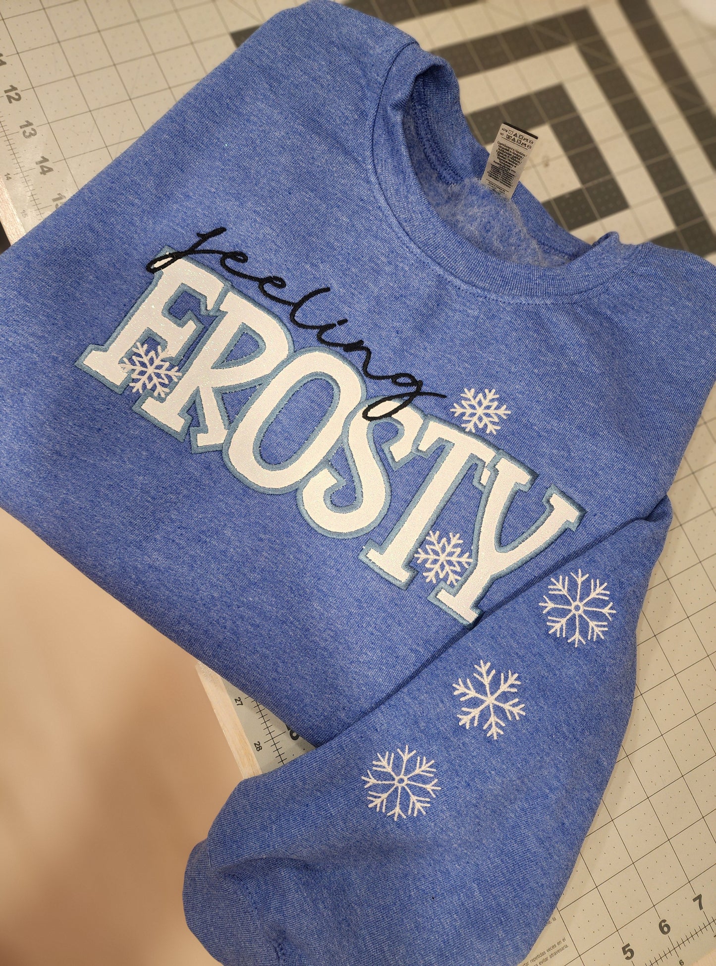Feeling Frosty w/ White Glitter Applique Crew + Sleeve Detail