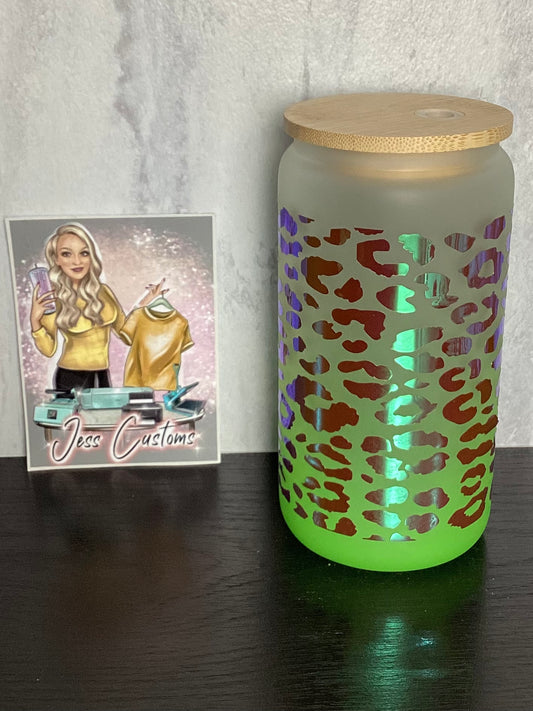 Holographic Leopard Print Green Ombre 16 oz Glass Can