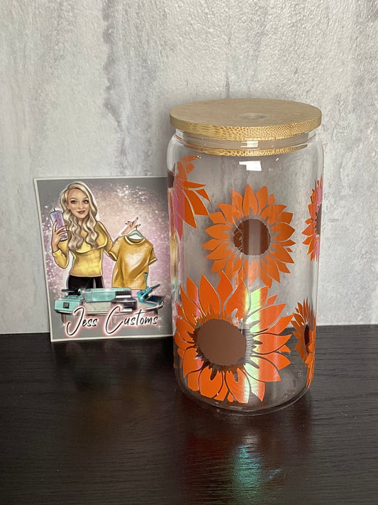 Holographic Shift Orange Sunflower Clear 16 oz Glass Can