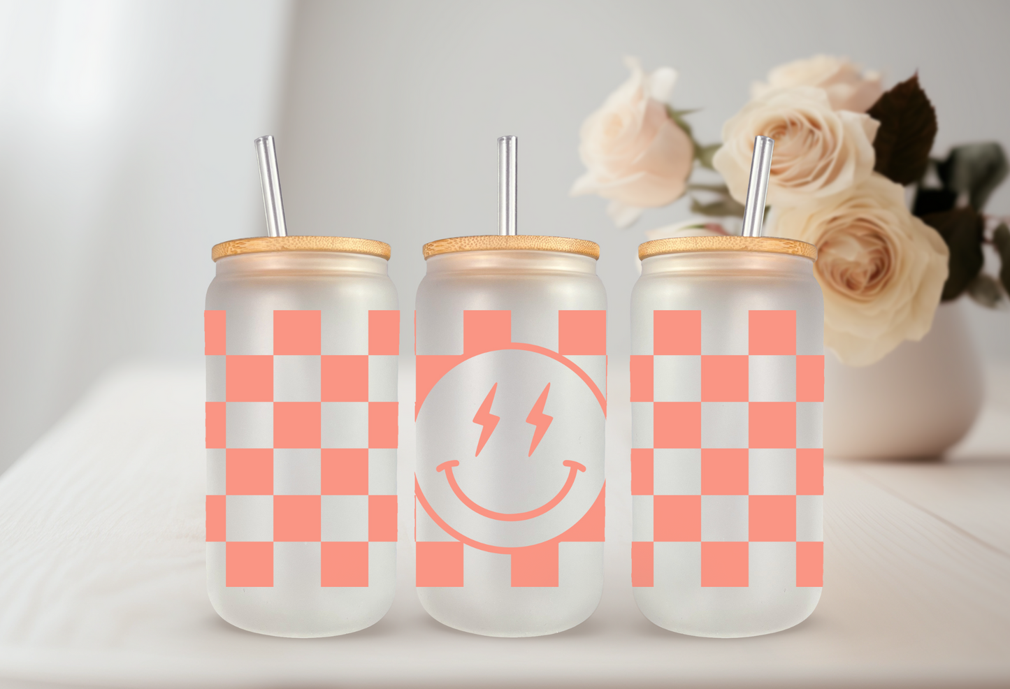 Happy Checkered 16 OZ Glass