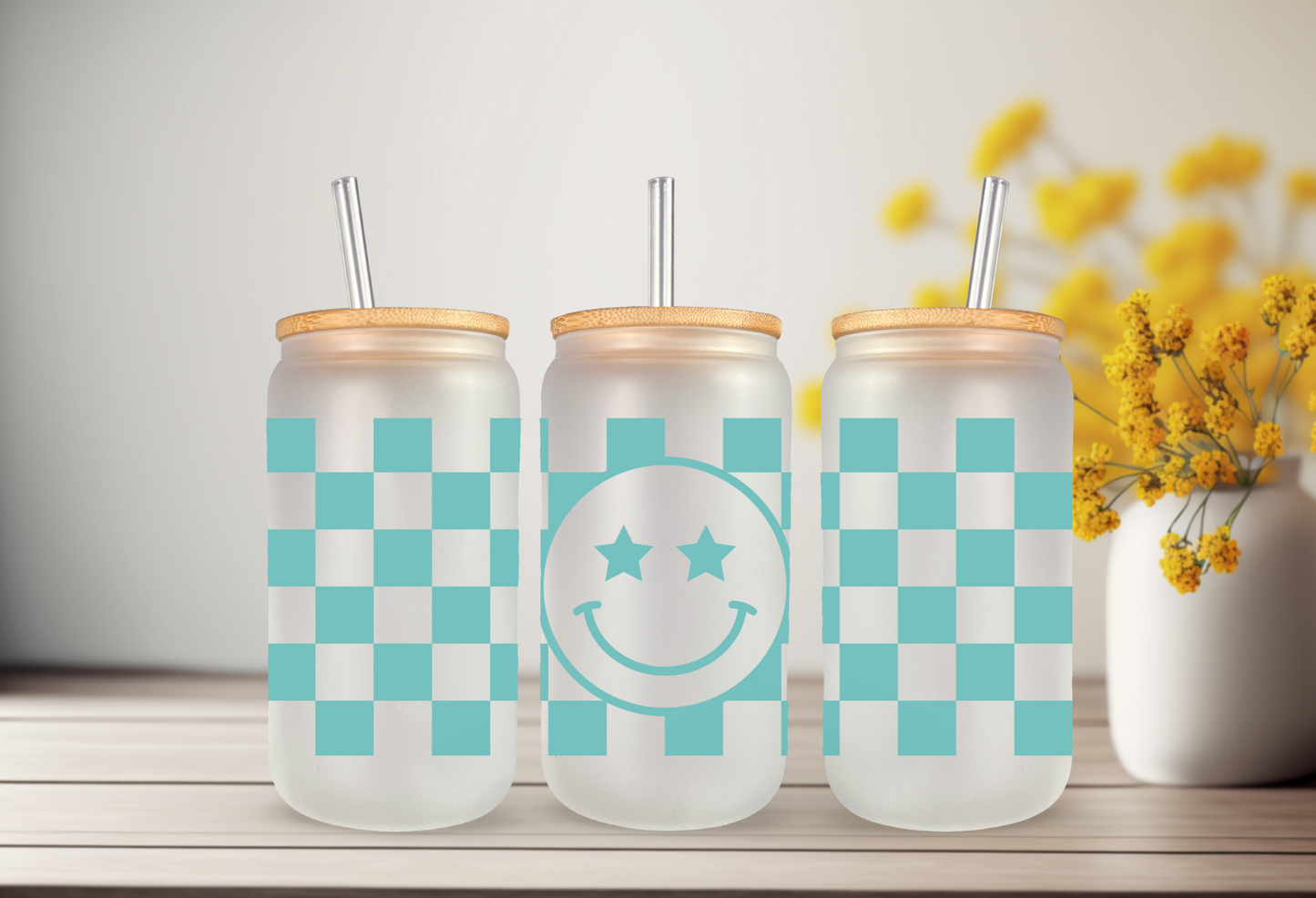 Happy Checkered 16 OZ Glass Bundle